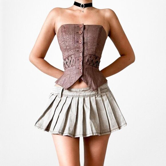 Bebe Brown Vintage Strapless Button Down Front Bustier Corset Tube Top Size 0/XS